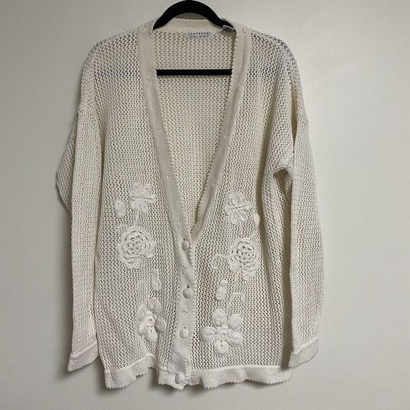 Vtg Express Tricot Womens Sweater Long Cardigan Size M Crochet Open Knit Flowers - Picture 2 of 9